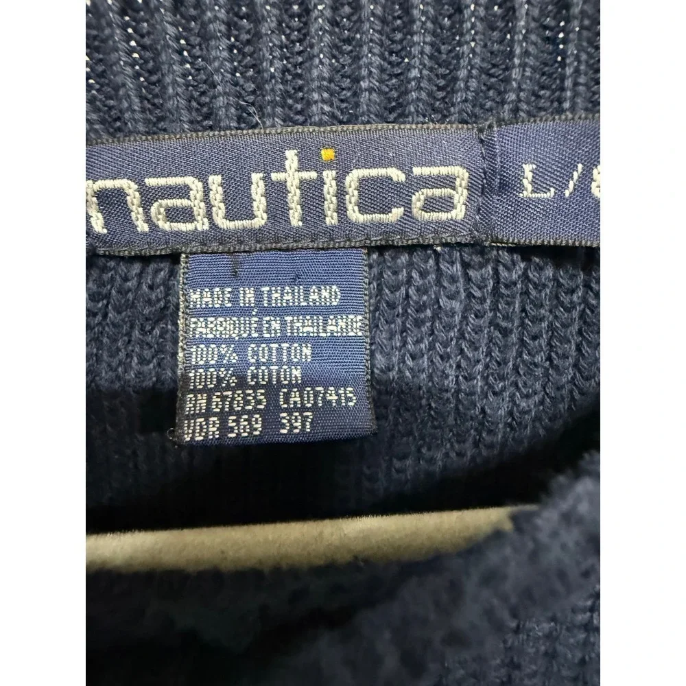 Nautica Dark Blue Grid Stripe Pullover Sweater Heavy Cotton Knit Preppy Retro L